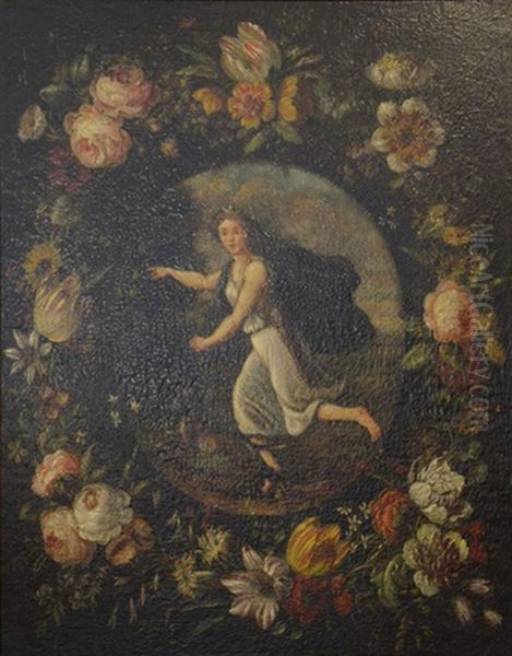 Guirlande De Fleurs Entourant Un Medaillon Avec Une Jeune Femme Oil Painting by Andries Daniels