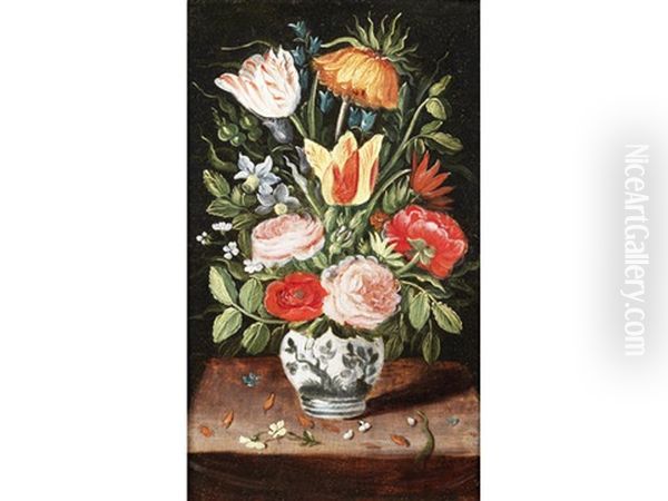 Tulips, Roses, Narcissi And Other Flowers In A Vase On A Table Top Oil Painting by Andries Daniels