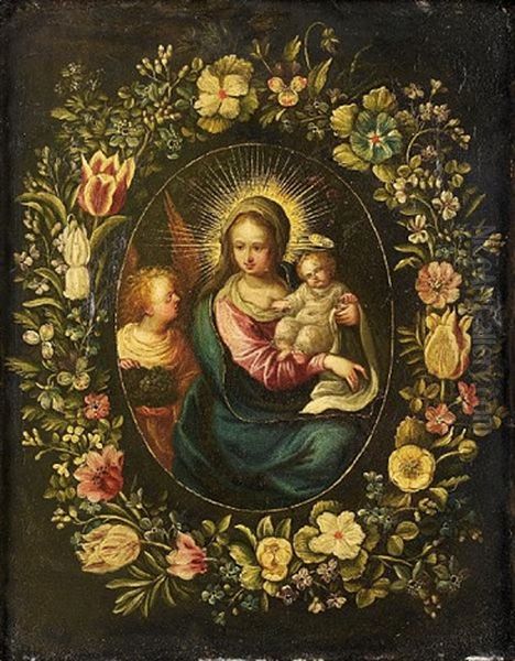 The Madonna And Child With An Angel, Within A Garland Of Flowers Oil Painting by Andries Daniels