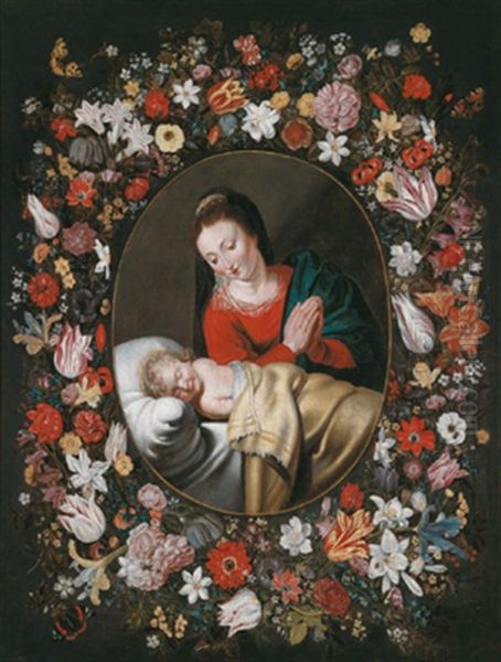 Die Madonna Mit Dem Schlafenden Christusknaben In Einem Kranz Aus Rosen, Tulpen, Lilien Und Anderen Blumen Oil Painting by Andries Daniels