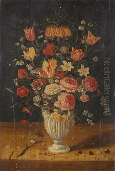 Nature Morte Au Bouquet De Fleurs Dans Un Vase Sculpte Sur Un Entablement Oil Painting by Andries Daniels