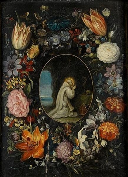 Saint Bernard In Prayer Surrounded By A Garland Of Flowers Oil Painting by Andries Daniels