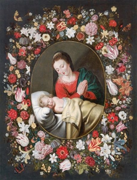 Maria Mit Schlafendem Jesusknaben In Einem Blumenkranz Oil Painting by Andries Daniels