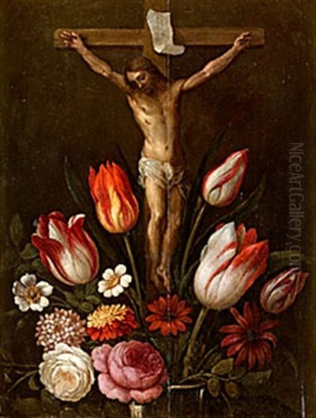 Kristus Pa Korset Omgiven Av Blommor Oil Painting by Andries Daniels