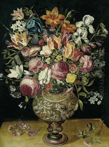 Groser, Dekorativer Blumenstraus Mit Tulpen, Rosen Und Anderen Bluten In Einer Plastisch Verzierten Prunkvase Oil Painting by Andries Daniels