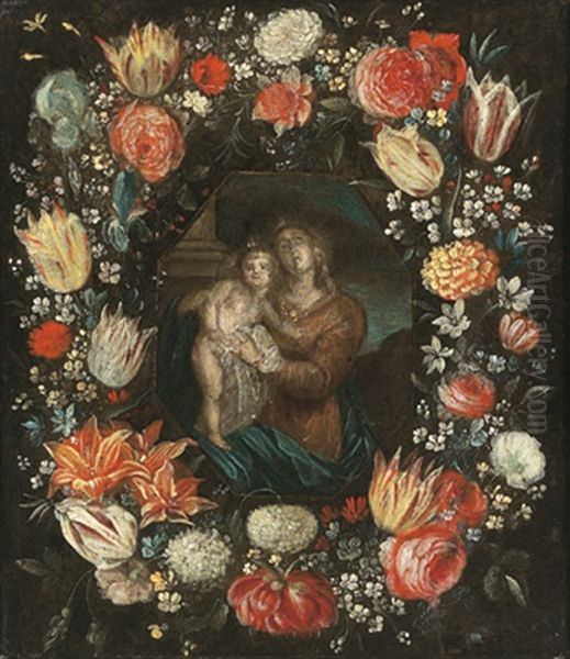 Maria Mit Kind Im Blumenkranz, Die Figuren Stammen Wahrscheinlich Von Cornelis Schut Oil Painting by Andries Daniels