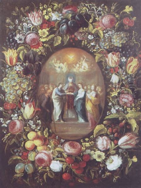 A Garland Of Tulips And Other Flowers Surrounding The Marriage Of The Virgin Oil Painting by Andries Daniels