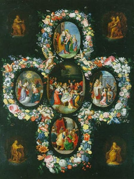 Scenes De La Vie De La Vierge Entourees D'une Guirlande De Fleurs Oil Painting by Andries Daniels