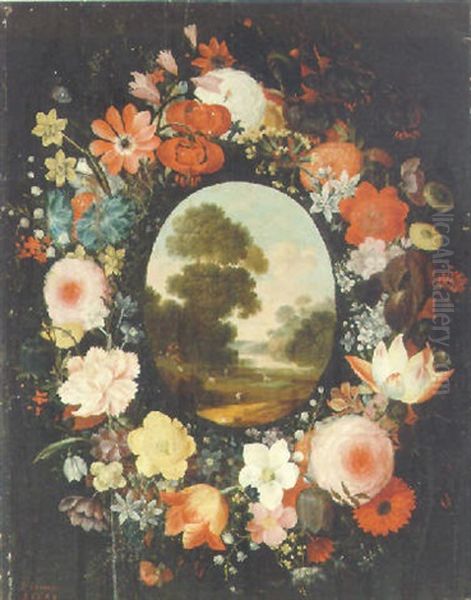 A Pastoral Landscape Surrounded By A Wreath Of Flowers Oil Painting by Andries Daniels