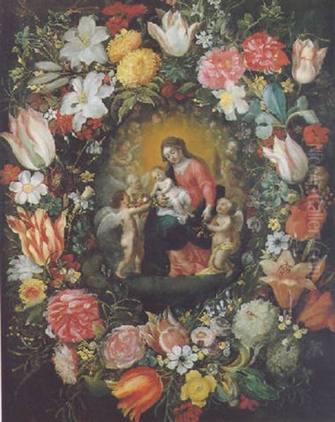 A Garland Of Flowers With The Madonna And Child Oil Painting by Andries Daniels