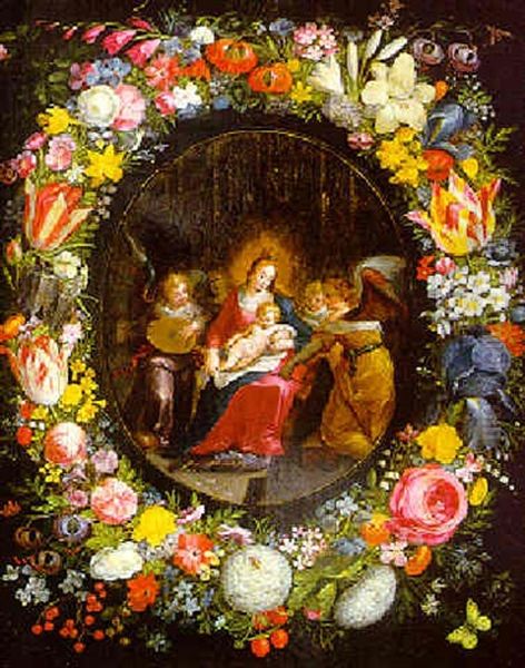 La Vierge Et L'enfant Entourees D'anges Et Musiciens Dans Une Couronne De Fleurs Oil Painting by Andries Daniels