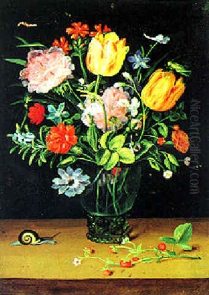 Ein Blumenstraus In Einer Vase, Erdbeeren, Einer Heuschrecke Und Einer Schnecke Oil Painting by Andries Daniels