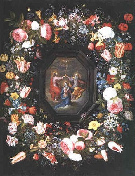 A Garland Of Lilies, Roses, Carnations, Tulips, Irises, A Fritillary And Other Flowers Surrounding A Painting Of The Coronation Of The Virgin Oil Painting by Andries Daniels