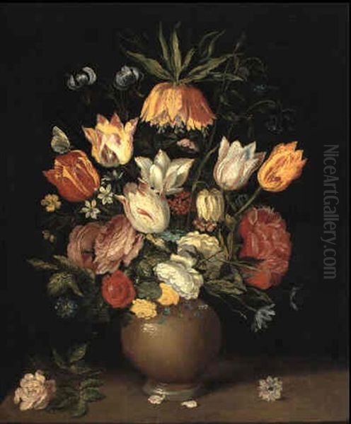 Crown Imperial Lily And Other Flowers In An Earthenware Vase On A Ledge Oil Painting by Andries Daniels