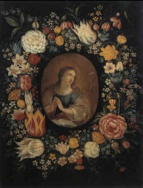 Blumenkranz Um Ein Medaillon Mit Der B_senden Maria Magdalena Oil Painting by Andries Daniels