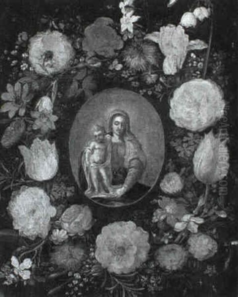 A Garland Of Flowers Surrounding A Cartouche Depicting The  Madonna And Child Oil Painting by Andries Daniels