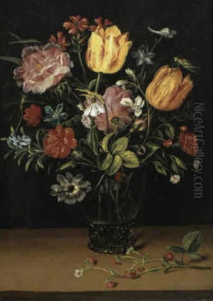 Vase Fleuri Et Branche De Fraisier Sur Un Entablement De Bois Oil Painting by Andries Daniels