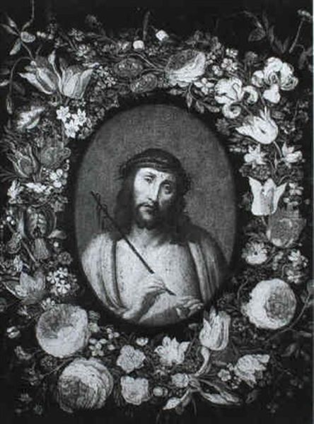 A Garland Of Flowers Surrounding...ecce Homo, On A Gold     Ground Oil Painting by Andries Daniels