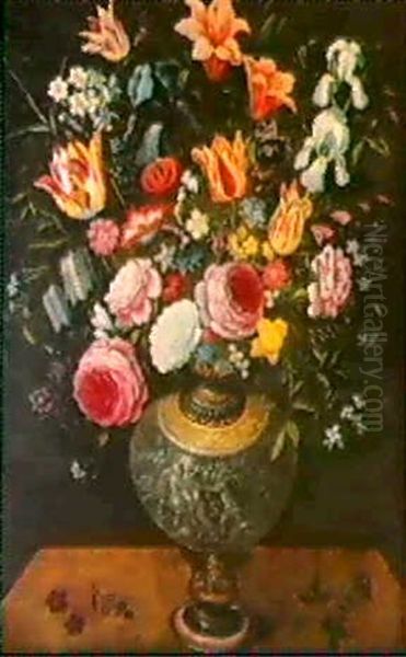 Tulipes, Roses Et Iris Presentes Dans Un Vase Pose Sur Un   Entablement Oil Painting by Andries Daniels