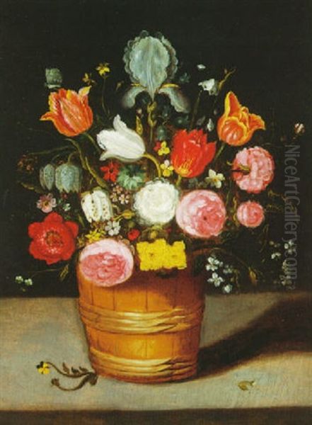 Still Life Of Flowers With Roses, Tulips And Iris In A      Wooden Tub Oil Painting by Andries Daniels