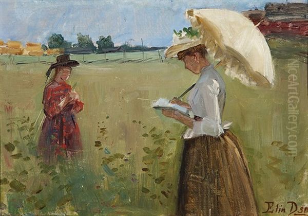 Girls In A Meadow Oil Painting by Elin Danielson-Gambogi