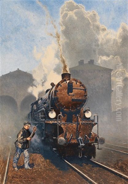 A Steam Locomotive Oil Painting by Josef Danilowatz