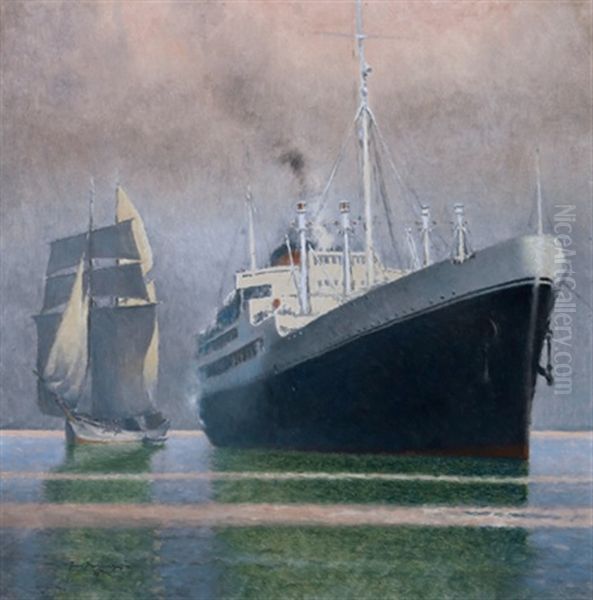 Gegensatze (seegelboot/dampfschiff) Oil Painting by Josef Danilowatz