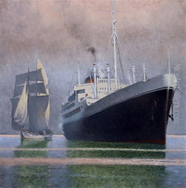 Gegensatze - Segelboot/dampfschiff Oil Painting by Josef Danilowatz