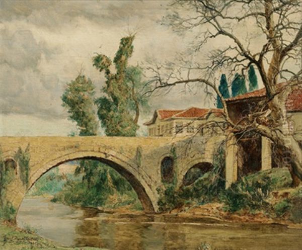 Fluslandschaft Mit Steinbrucke Oil Painting by Josef Danilowatz