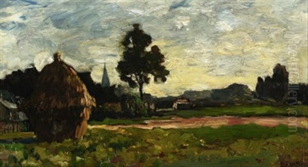 Im Spatsommer. Blick Auf Ein Feld Mit Heuhaufen Vor Einem Kleinen Dorf Oil Painting by Charles Dankmeijer