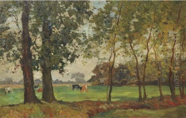 Cows Grazing In A Meadow Oil Painting by Charles Dankmeijer