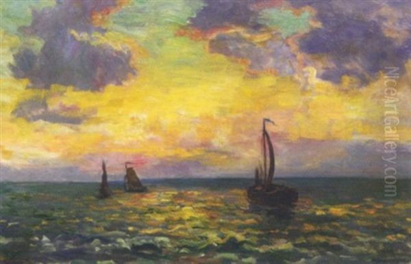 Avondstemming Noordzee: Sailing Vessels On The North Sea At Sunset Oil Painting by Charles Dankmeijer