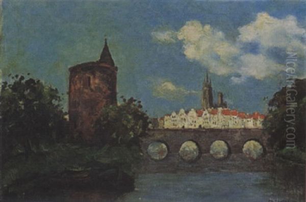 A View Of The Minnewater And Poertoren, Brugge Oil Painting by Charles Dankmeijer