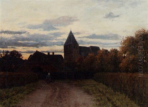 A Church With A Peasant Woman On A Path In The Evening Sun Oil Painting by Charles Dankmeijer