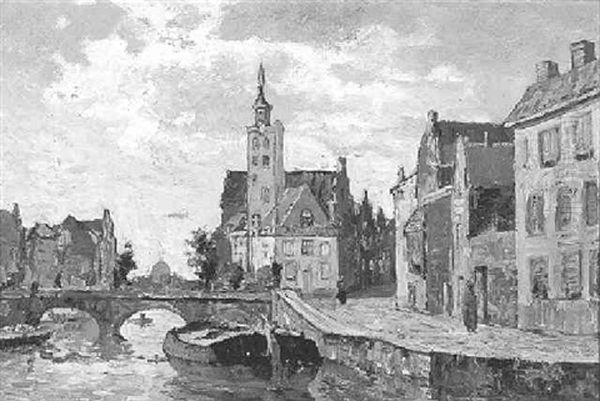 Een Stadsgezicht Met Een Gebouw Met Een Torentje Aan De Gracht Oil Painting by Charles Dankmeijer