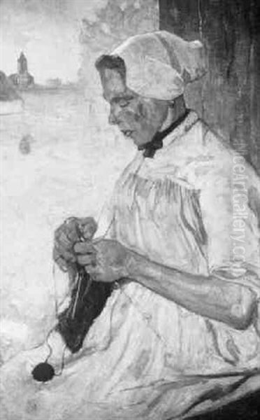 Scheveninge Woman Knitting Oil Painting by Charles Dankmeijer