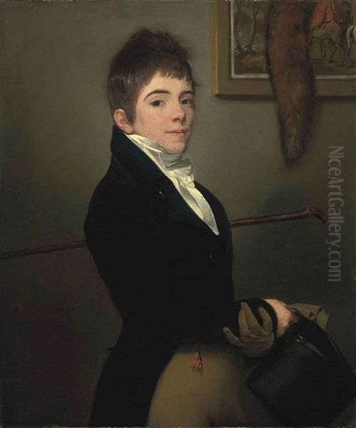 Portrait Of A Young Boy In A Blue Coat, A Stick Under His Left Arm, A Glove And Hat In His Right Hand, Standing Beside A Painting Of A Hunting Scene... Oil Painting by Henri-Pierre Danloux