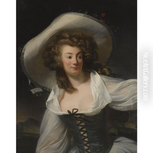 Portrait Of The Artist's Wife Marie-pierrette-antoinette Danloux, Nee De Saint Redan, Wearing A White Hat Oil Painting by Henri-Pierre Danloux