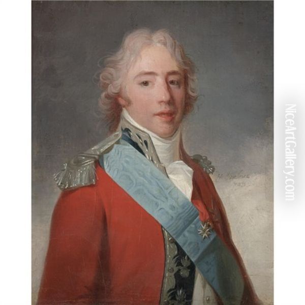 Portrait Of Comte D'artois, Later Charles X Of France, Wearing A Red Jacket And A Blue Sash And The Order Of The Saint Esprit Oil Painting by Henri-Pierre Danloux