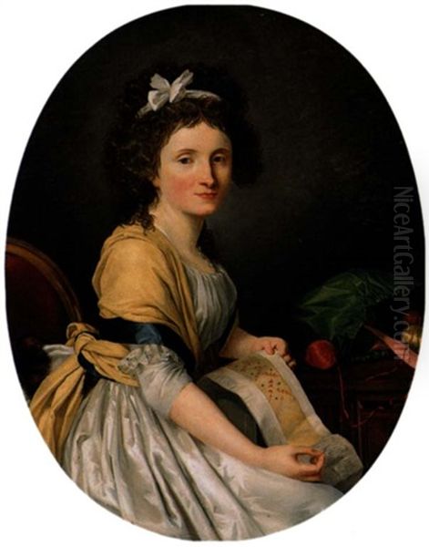 Portrait Of A Young Lady Seated By A Table, Holding Her Embroidery Oil Painting by Henri-Pierre Danloux