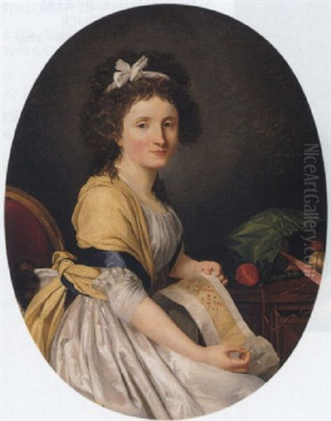 Portrait Of A Young Lady Seated By A Table, Holding Her Embroidery Oil Painting by Henri-Pierre Danloux