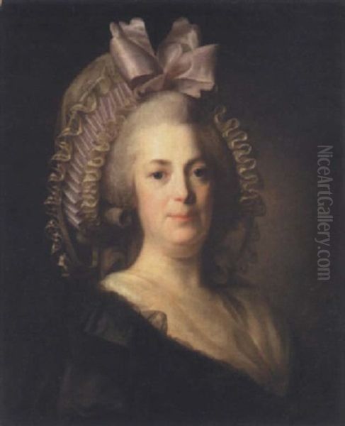 Portrait Of A Woman Wearing A Black Dress With A White Bonnet And Pink Ribbon Oil Painting by Henri-Pierre Danloux