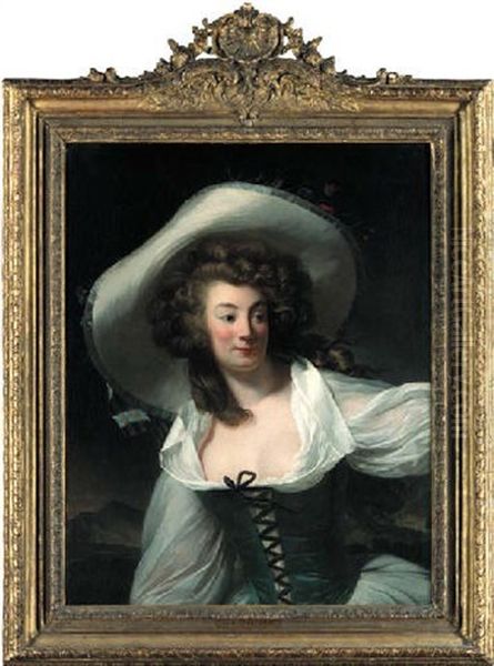 Portrait Of Madame Danloux, Nee Marie-pierrette-antoinette De Saint Redan, In A White Hat And Dress Oil Painting by Henri-Pierre Danloux