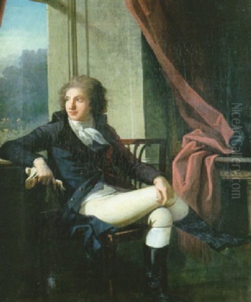 Portrait D'un Jeune Homme Assis Dans Un Interieur, Accoude A La Fenetre Oil Painting by Henri-Pierre Danloux