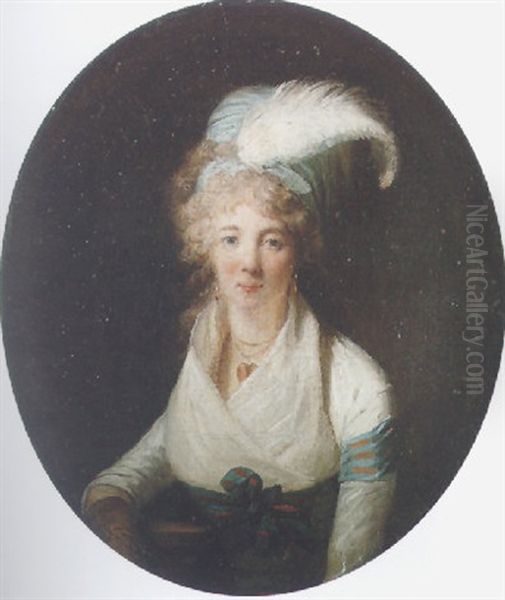 Portrait Of A Lady Wearing A White Dress With A Blue And Red Ribbon, A Blue Head Dress With An Ostrich Feather, Resting On A Stone Pedestal Oil Painting by Henri-Pierre Danloux