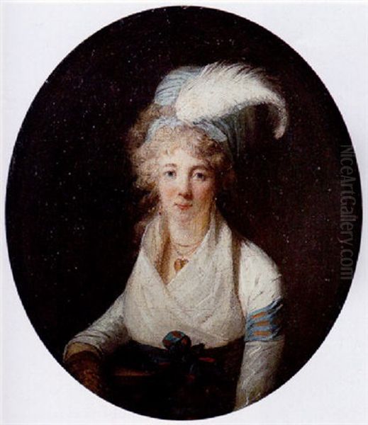 Portrait Of A Lady Wearing A White Dress With A Blue And Red Ribbon And A Blue Head Dress With An Ostrich Feather Oil Painting by Henri-Pierre Danloux