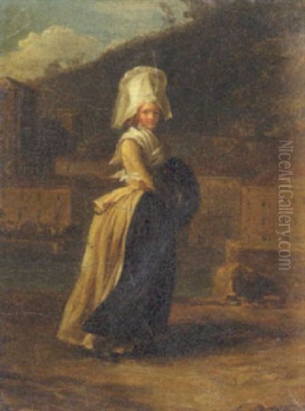 La Coquette: A Lady Walking By A River, A Town Beyond Oil Painting by Henri-Pierre Danloux