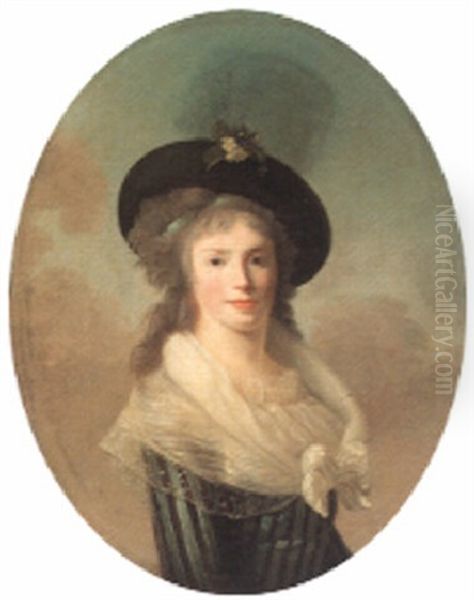 Portrait Of A Lady, Wearing A Blue Dress And A Black Hat Oil Painting by Henri-Pierre Danloux