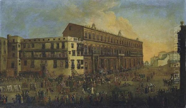 Processione Di Carri Allegorici Carnascialeschi A Napoli, Largo Di Palazzo Oil Painting by Alessandro D'Anna