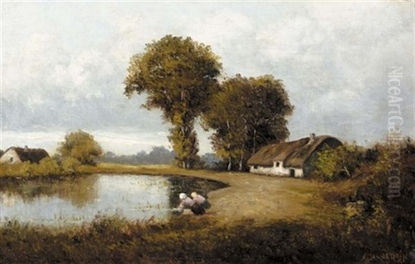 Wascherinnen Am Teich Oil Painting by Alfred Joseph Dannequin